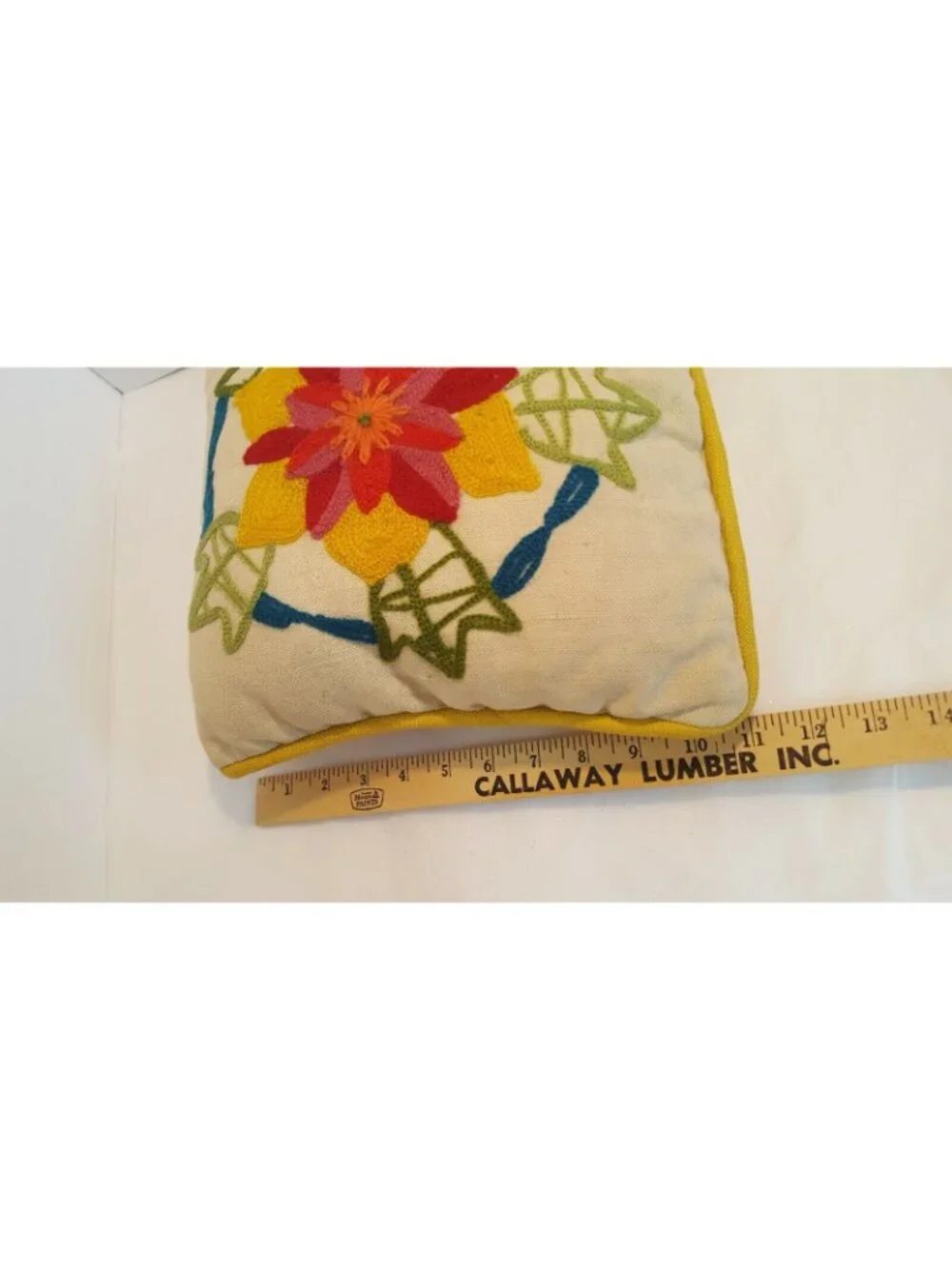 2 Vintage 70s Crewel Embroidered Throw Pillows Floral Avocado Green Harvest Gold